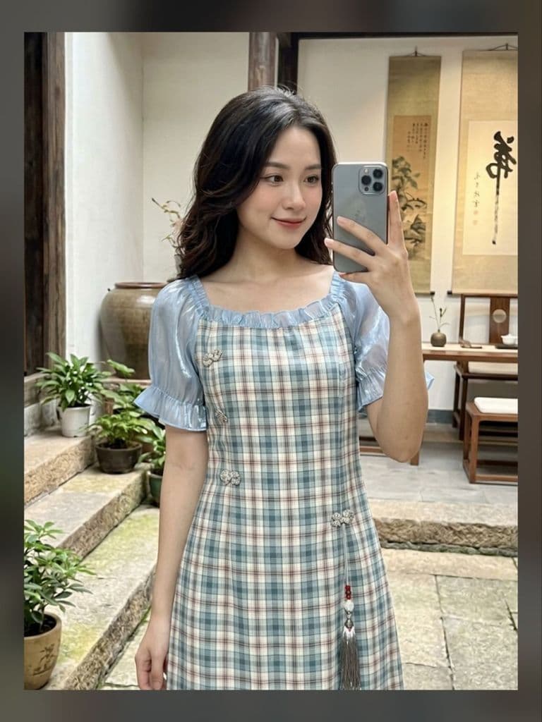 [Hàng thanh lý] Đầm váy suông dáng sườn xám cách tân kẻ caro xanh tay voan bệt vai 2hand
