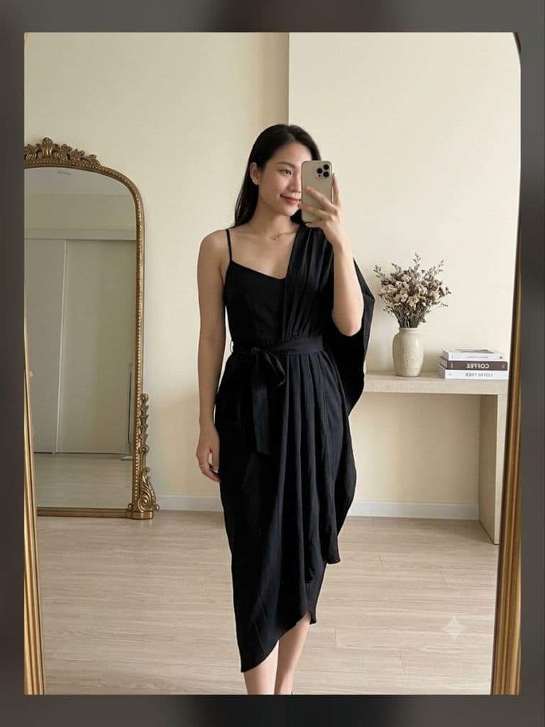 [Hàng thanh lý] Đầm tiệc đen voan tơ dài kiểu lệch vai 2hand váy si