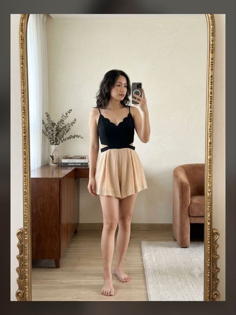 [Hàng thanh lý] Jumsuit khoét eo áo vải tây phối quần voan 2 lớp đen nâu be hàng si secondhand