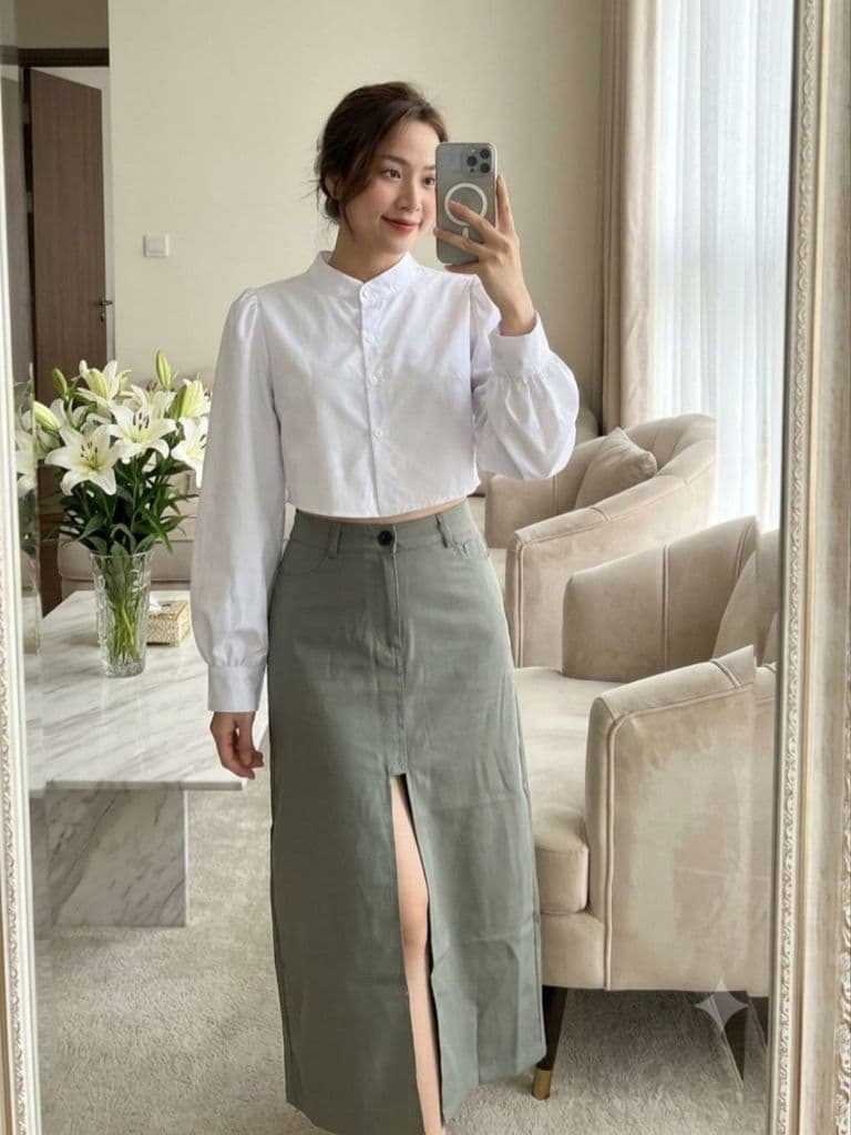 [Hàng thanh lý] Set sơ mi tay dài bồng trắng váy xanh rêu xẻ sâu dây thắt eo tạo kiểu 2nd