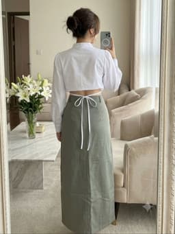 [Hàng thanh lý] Set sơ mi tay dài bồng trắng váy xanh rêu xẻ sâu dây thắt eo tạo kiểu 2nd 2