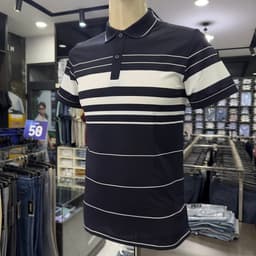 Áo polo nam Owen màu xanh tím than trắng kẻ ngang body fit APV262061 4