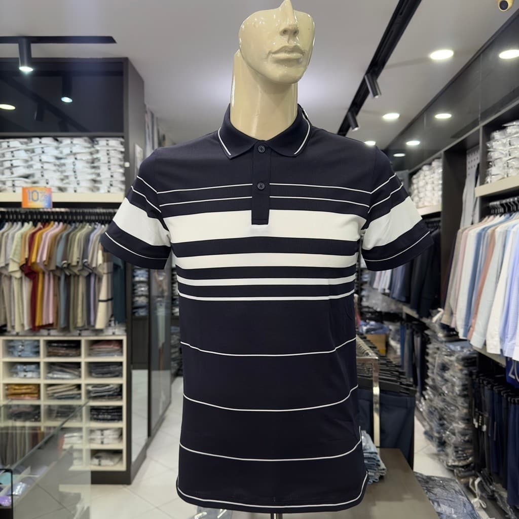 Áo polo nam Owen màu xanh tím than trắng kẻ ngang body fit APV262061