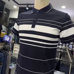 Áo polo nam Owen màu xanh tím than trắng kẻ ngang body fit APV262061 2