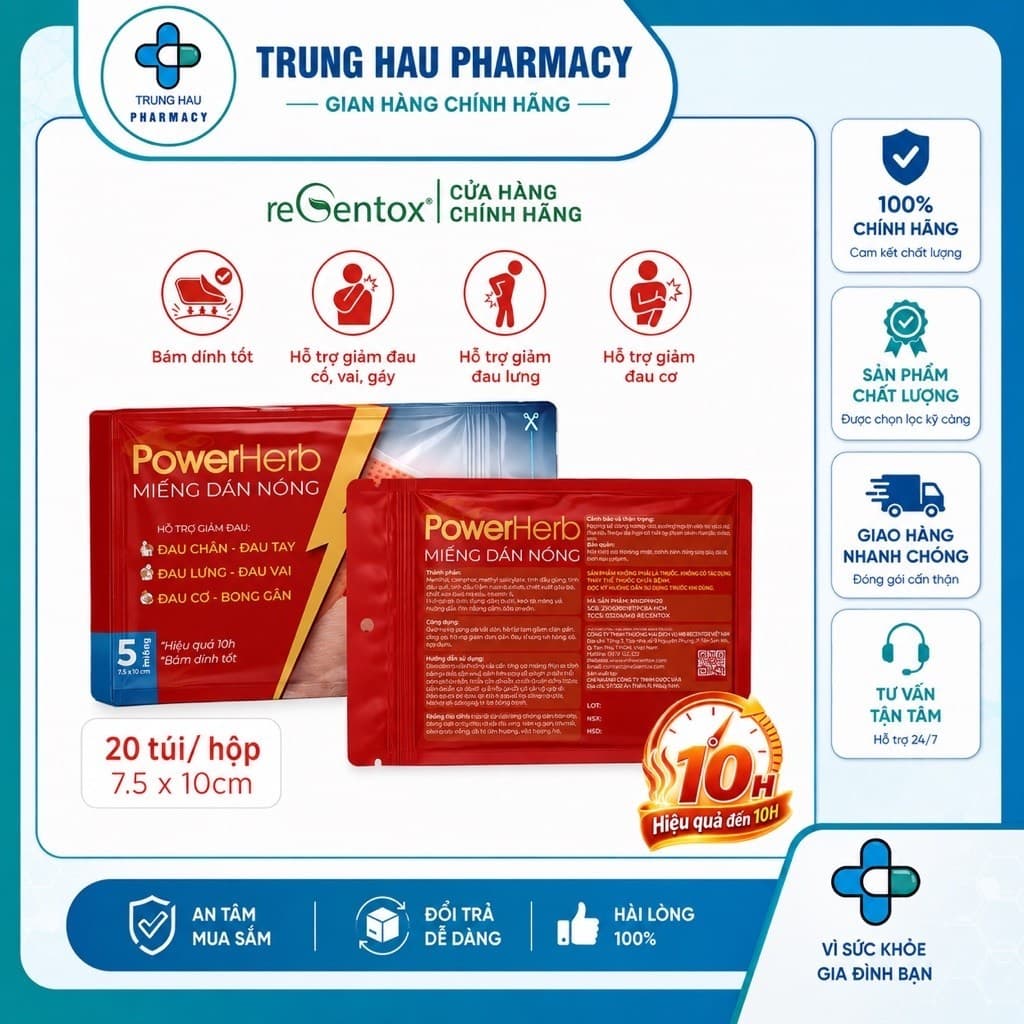 Miếng Dán Nóng Thảo Mộc PowerHerb Giữ Ấm Giảm Nhức Mỏi Cơ Xương Khớp Vùng Lưng Vai Gáy - 1 Hộp 20 Miếng