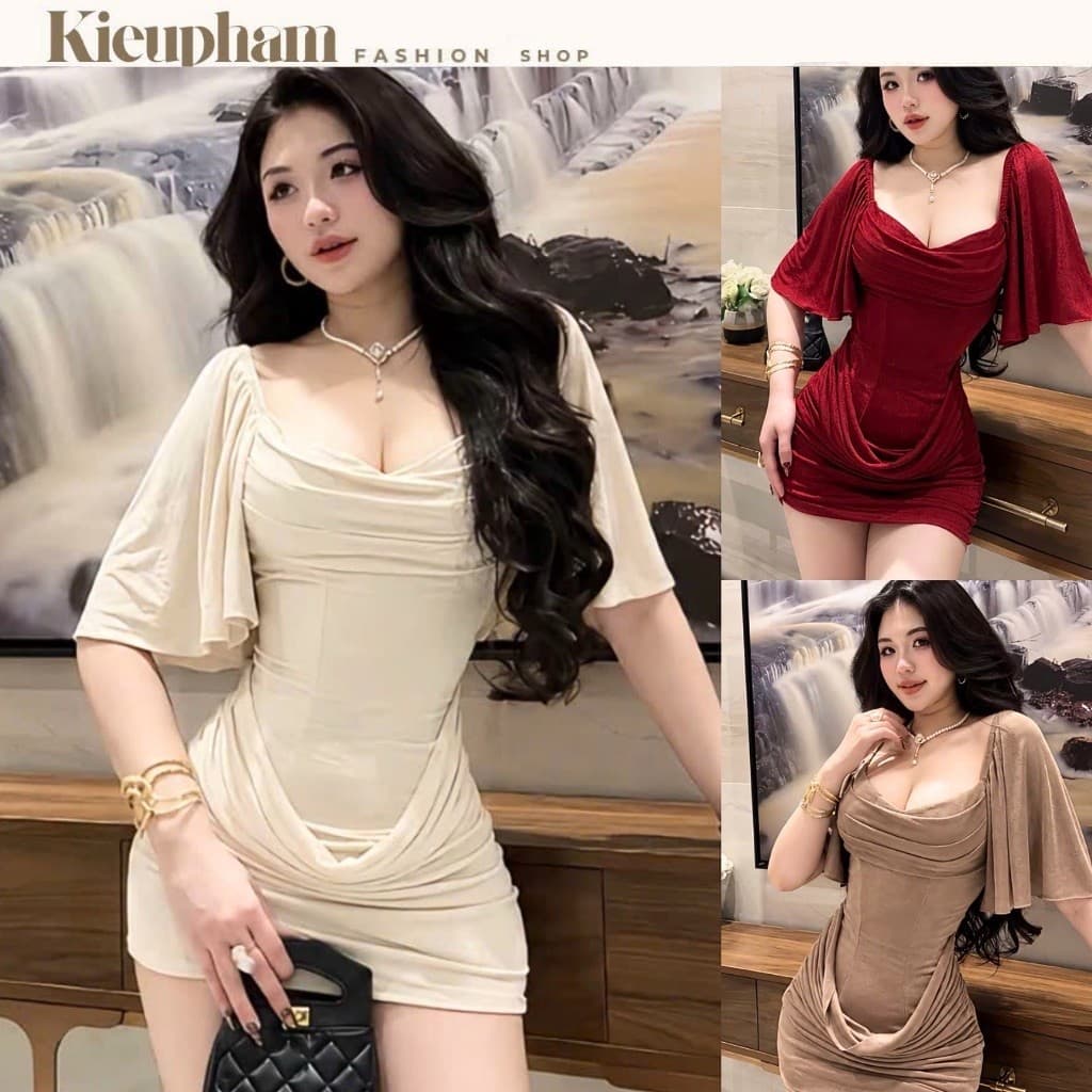 (Bigsize S-3XL) Đầm Body Nữ Dáng Ôm Cổ Vuông Nhún Eo Tay Loa Sang Chảnh Dự Tiệc Kieupham.shop