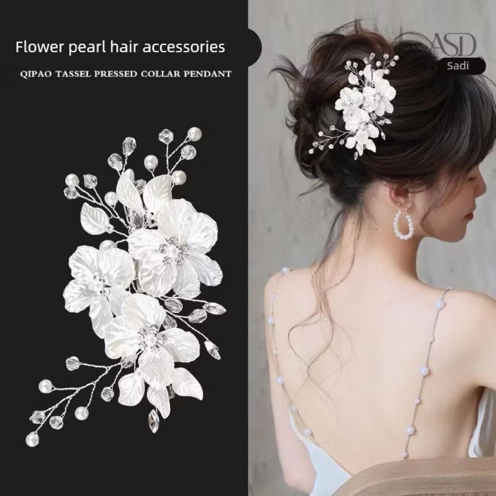 Trâm Cài Tóc Hoa Mai Cô Dâu Trắng Đính Ngoc Trai Handmade Phụ Kiện Tóc Cô Dâu Cài Lệch Tóc Cưới ponny