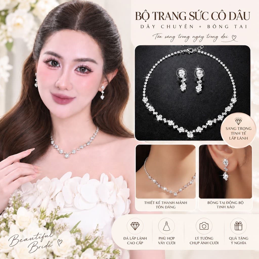 Bộ Trang Sức Cô Dâu Đính Đá Cao Cấp SWAN Dây Chuyền Bông Tai Nữ Trang Sức Cưới Phụ Kiện Váy Cưới Sang Trọng ponny