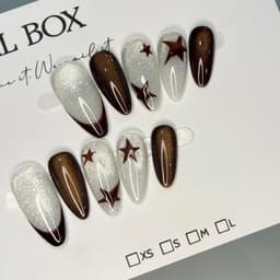 Móng Úp Nâu Mắt Mèo Mix Bạc Ngôi Sao | Nail Box Handmade Thủ Công French Cá Tính – Mellow Nailbox 1