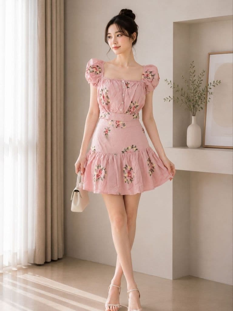 [2hand] Set áo váy hồng linen thêu hoa size S-M quần áo si