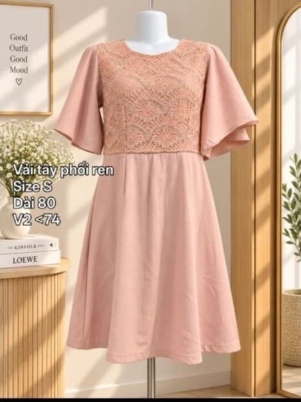 [2hand] Váy tay cánh tiên phối ren vải tây size S hàng si