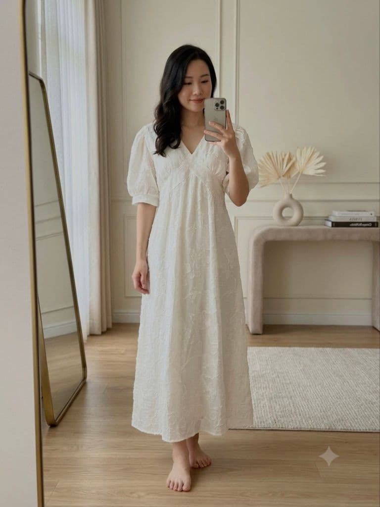 [2hand] Đầm voan ren nổi hoa trắng freesize váy bầu size 2-3XL mặc được đồ si