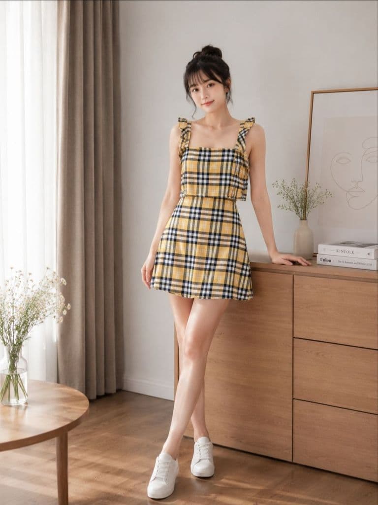 [2hand] Set váy may đo kẻ caro vàng size S cotton 1 lớp quần áo si