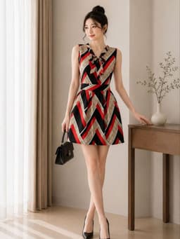 [2hand] Jumpsuit áo liền quần ngắn hoạ tiết đỏ đen nâu nơ cổ dây thắt eo 1