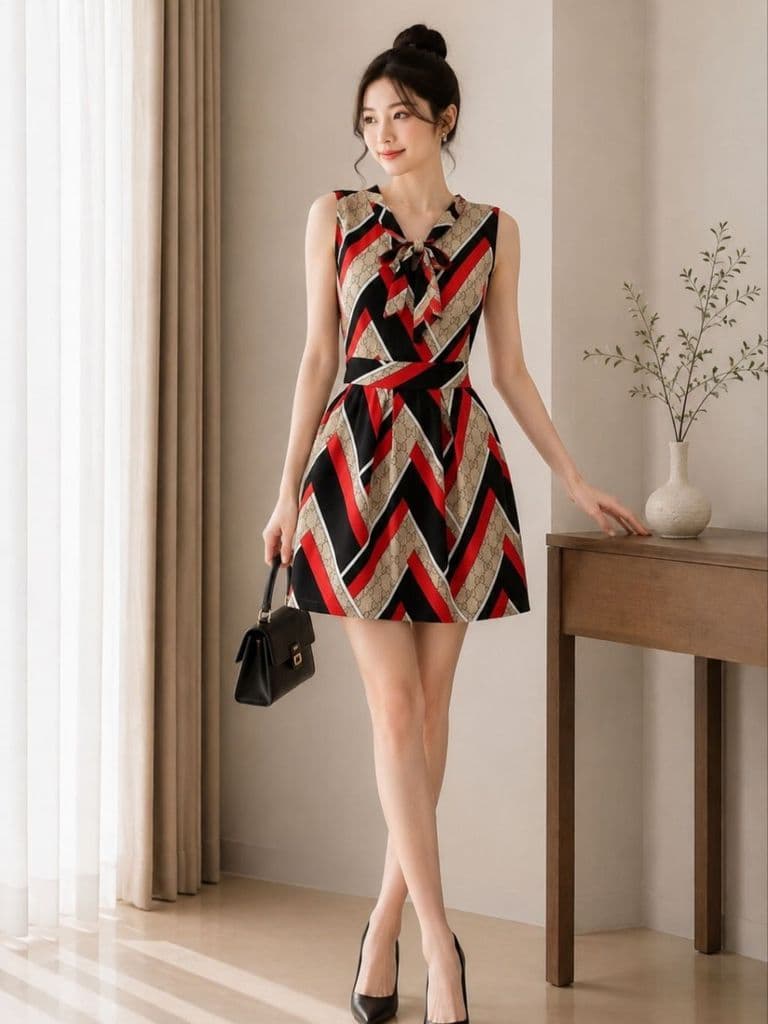 [2hand] Jumpsuit áo liền quần ngắn hoạ tiết đỏ đen nâu nơ cổ dây thắt eo