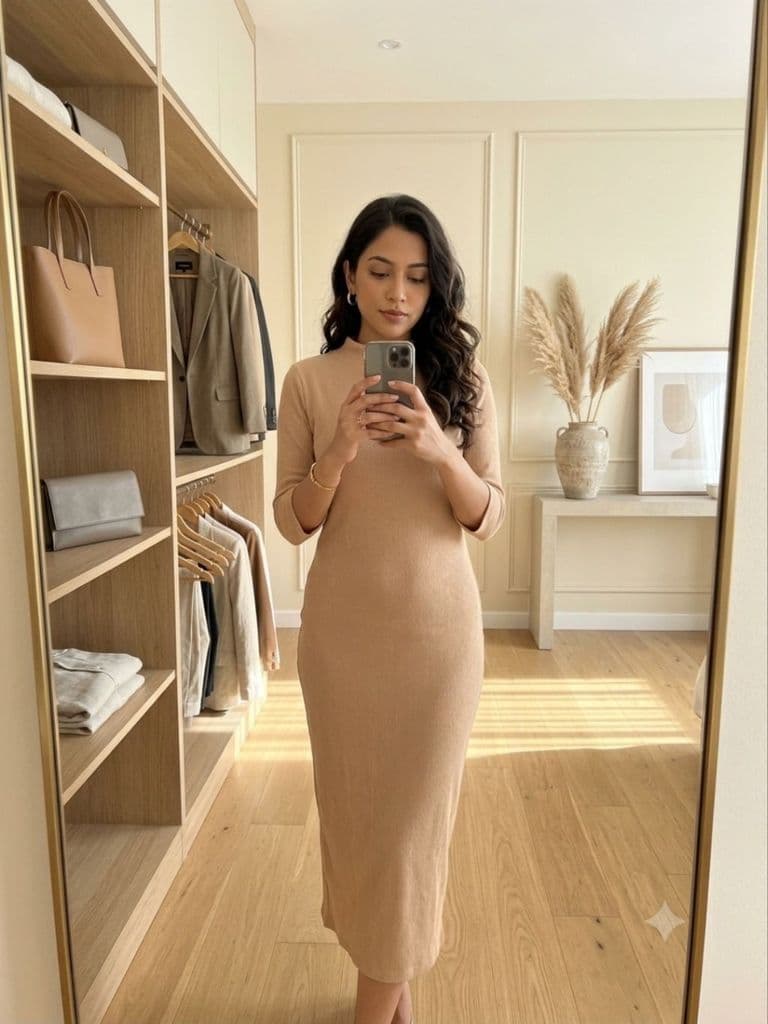 [2hand] Đầm len gân co giãn nhẹ dáng suông màu nude cổ lọ tay lỡ size S-M