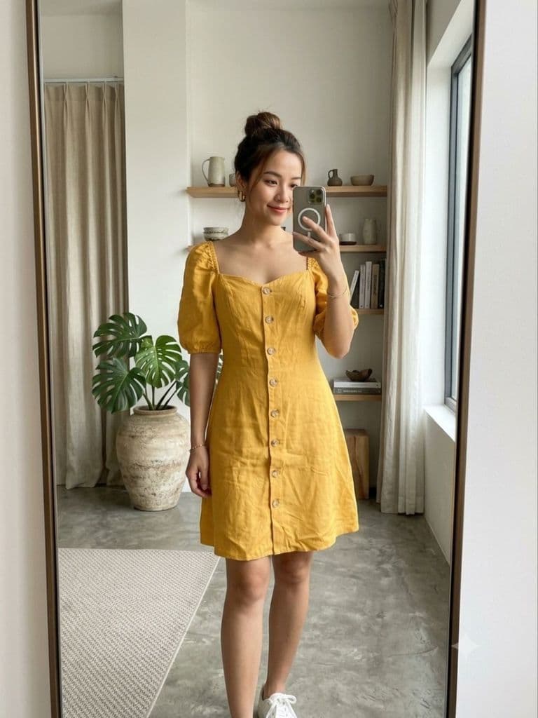 [2hand] Đầm linen vàng 2 lớp cổ vuông tay bồng hàng Ivy