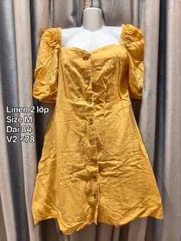 [2hand] Đầm linen vàng 2 lớp cổ vuông tay bồng hàng Ivy 2