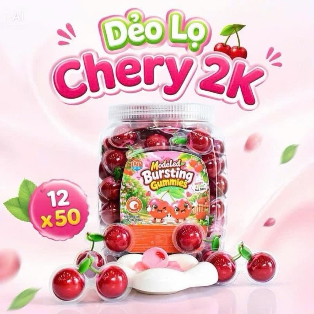 Lọ 50 kẹo dẻo hình Cherry 2 trái có nhân siro siêu ngon