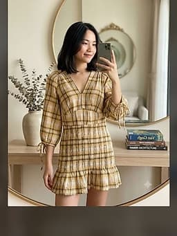 [Hàng thanh lý] Váy thu sợi len kẻ caro vàng ôm hông tay bồng si 2hand 1
