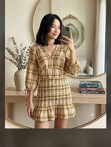 [Hàng thanh lý] Váy thu sợi len kẻ caro vàng ôm hông tay bồng si 2hand