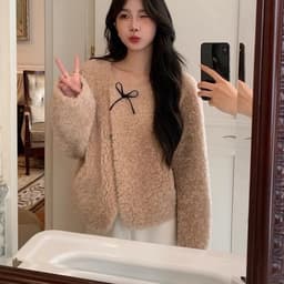 Áo khoác bông 2 màu nâu và ghi phối nơ đơn xinh xắn phong cách Nertro Hàn Quốc (ảnh thật là 3 ảnh cuối) 2