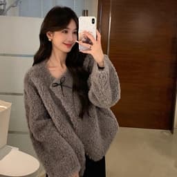 Áo khoác bông 2 màu nâu và ghi phối nơ đơn xinh xắn phong cách Nertro Hàn Quốc (ảnh thật là 3 ảnh cuối) 5