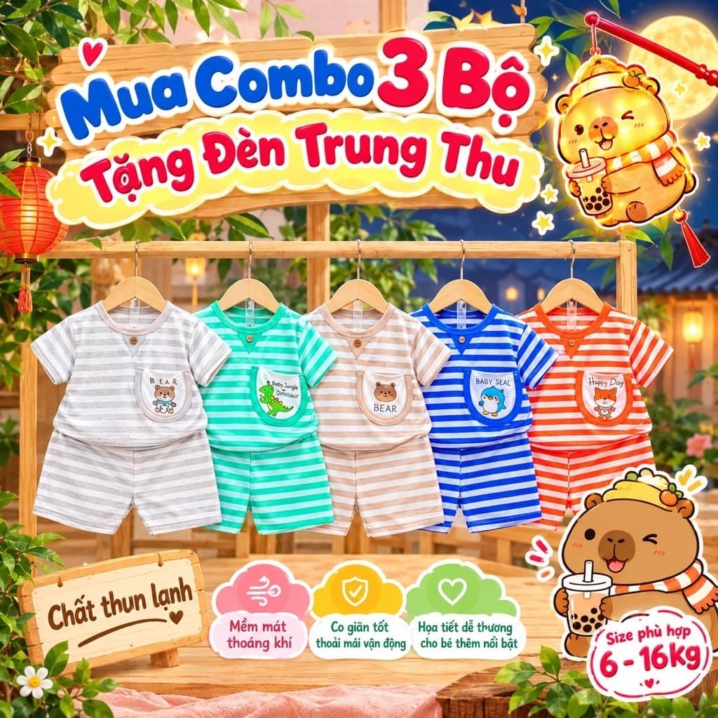 Bộ thun lạnh tay ngắn sọc cho bé trai và bé gái, đồ thun lạnh cho bé chất mềm mát 6-16kg thiết kế đẹp
