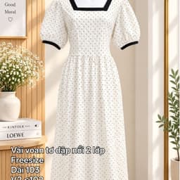 [2hand] Váy voan tơ dài 2 lớp chấm bi cổ vuông tay bồng đầm bầu tiểu thư freesize có dây thắt eo 3