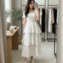 [2hand] Váy voan trắng nhún chun tầng đầm xoè freesize 1