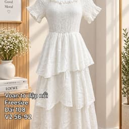 [2hand] Váy voan trắng nhún chun tầng đầm xoè freesize 2