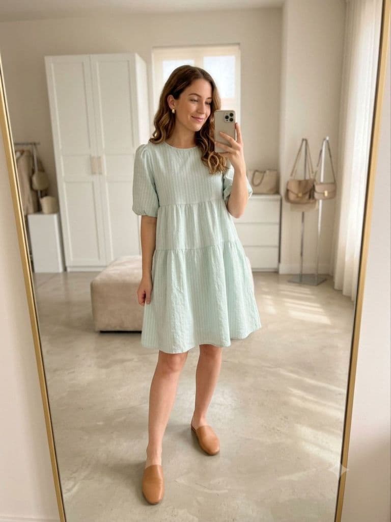 [2hand] Váy babydoll màu xanh pastel đầm bầu freesize voan tơ dập nổi 2 lớp