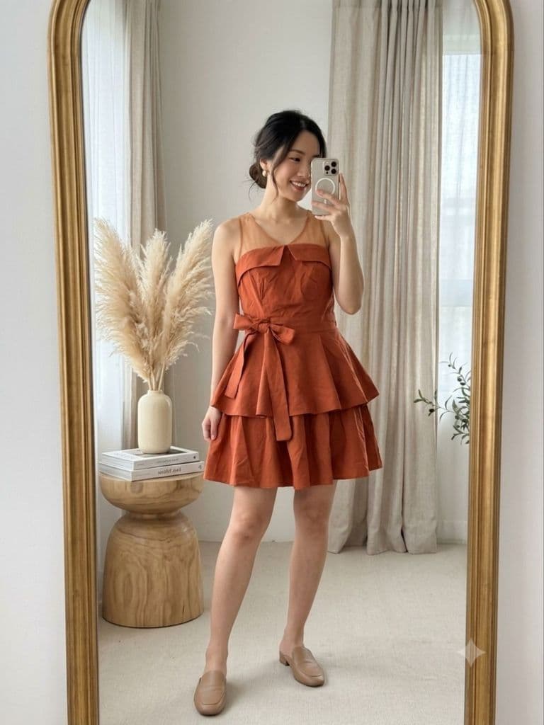 [2hand] Váy thun tây phối voan đầm xoè nâu cam size S