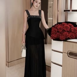 Đầm tiệc dây bảng kết đá tà xéo phối voan li dáng dài sang trọng thanh lịch nhẹ nhàng 2