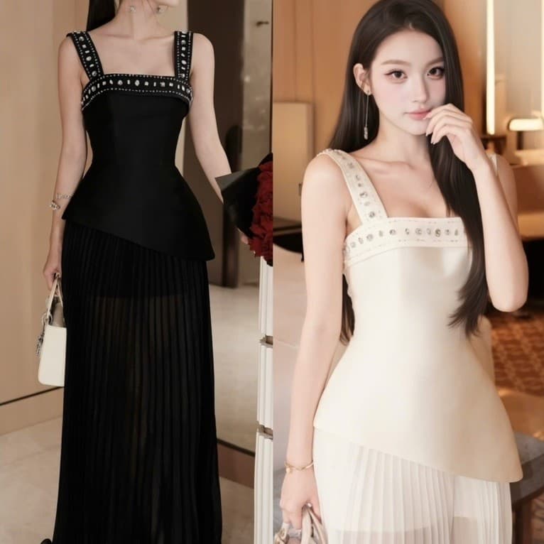 Đầm tiệc dây bảng kết đá tà xéo phối voan li dáng dài sang trọng thanh lịch nhẹ nhàng