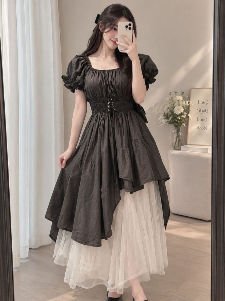 [2hand] Váy xoè đen bất đối xứng freesize