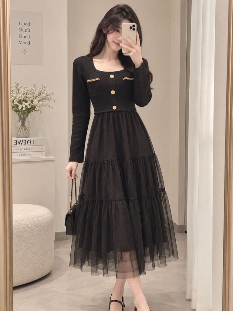 [2hand] Đầm len đen phối voan tuyn váy xoè freesize
