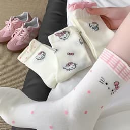 Tất/ Vớ Hoạ Tiết Mèo Hello Kitty Hồng Cổ Cao Phong Cách Hàn Co Giãn Dễ Thương 5