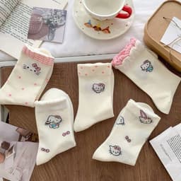 Tất/ Vớ Hoạ Tiết Mèo Hello Kitty Hồng Cổ Cao Phong Cách Hàn Co Giãn Dễ Thương 7