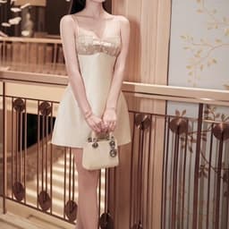 (Dmina) Đầm 2 dây tiểu thư ren nơ ngực dáng ngắn a tôn dáng phong cách nhẹ nhàng quyến rũ 3