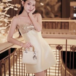 (Dmina) Đầm 2 dây tiểu thư ren nơ ngực dáng ngắn a tôn dáng phong cách nhẹ nhàng quyến rũ 2