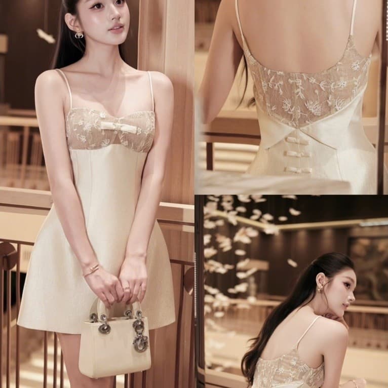 (Dmina) Đầm 2 dây tiểu thư ren nơ ngực dáng ngắn a tôn dáng phong cách nhẹ nhàng quyến rũ