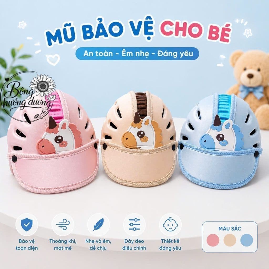 Nón Bảo Vệ Đầu Cho Bé Có Vành Lưỡi Trai Che Nắng - Mũ Bảo Vệ Đầu Bé Tập Ngồi Xe