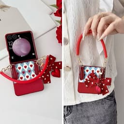 [CÓ SẴN] Ốp ZFLIP 8 - Z FLIP 7 - Z FLIP6 - FLIP5 5G phủ da hoạ tiết xinh yêu kèm dây quai da và nơ tim treo dễ thương 8
