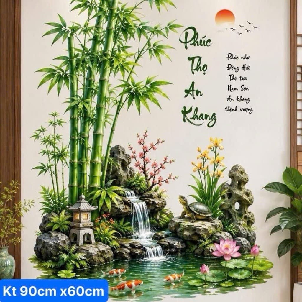 decal dán tường tranh non nước phúc thọ an khang trang trí decor nhà cửa.