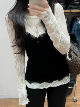 𝐀̉𝐧𝐡 𝐭𝐡𝐚̣̂𝐭 - 𝐇𝐚̀𝐧𝐠 𝐐𝐂 Set áo ren mỏng vân hoa kèm áo 2 dây nhung phối ren form vừa, set áo kiểu dài tay 4