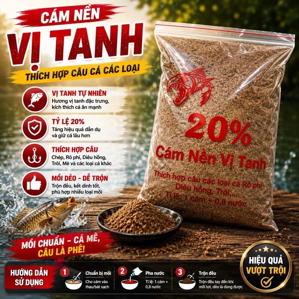 Cám cá, cám nền, cám xả 20% độ đạm thích hợp câu các loại cá như rô phi, trôi, chép...