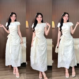 Đầm thô thêu hoa dáng dài cổ tròn phối chi tiết nhúng eo 1
