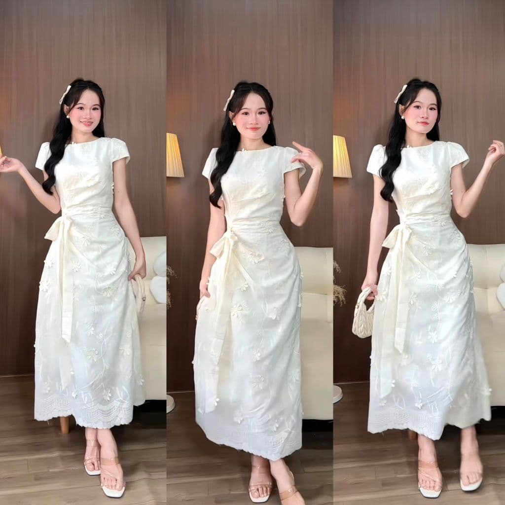 Đầm thô thêu hoa dáng dài cổ tròn phối chi tiết nhúng eo