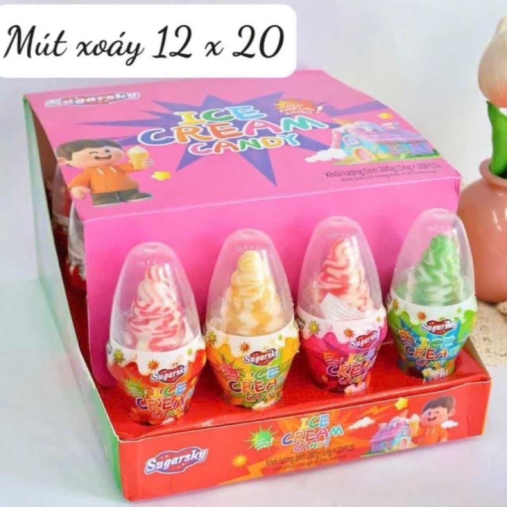 Khay 20 chiếc kẹo mút xoáy kem ly chấm bột xê siêu ngon cho bé, kẹo mút kem chấm xê siêu hot